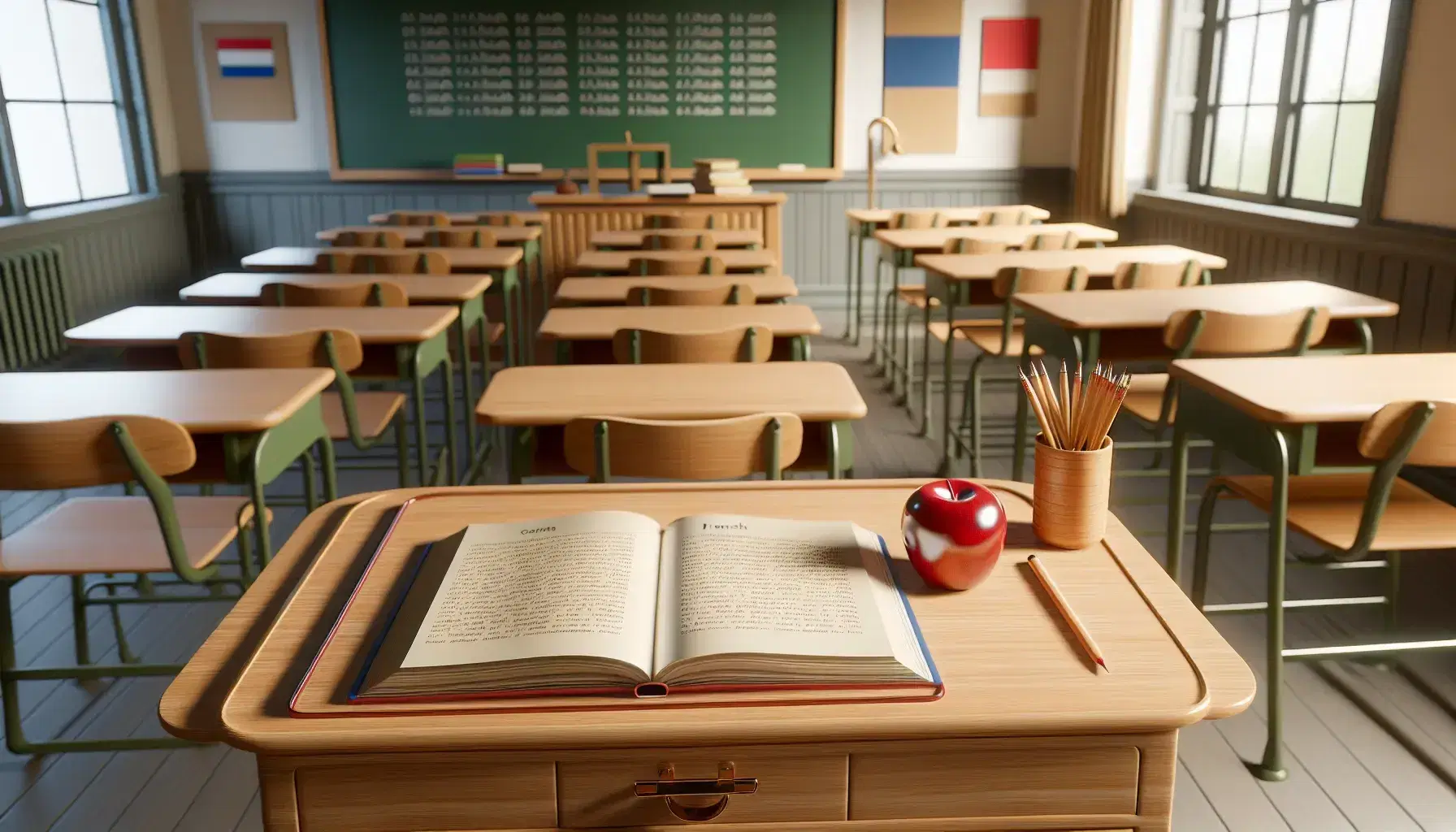 French language classroom with teacher's desk featuring an open textbook and red apple, student desks with notebooks and pencil holders, and a clean blackboard.