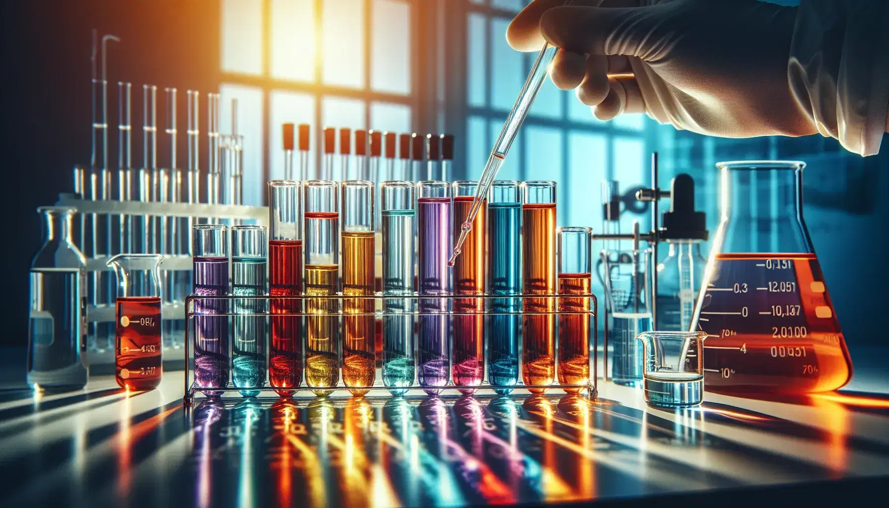 Laboratorio scientifico luminoso con provette contenenti liquidi colorati su rack e mano con pipetta.