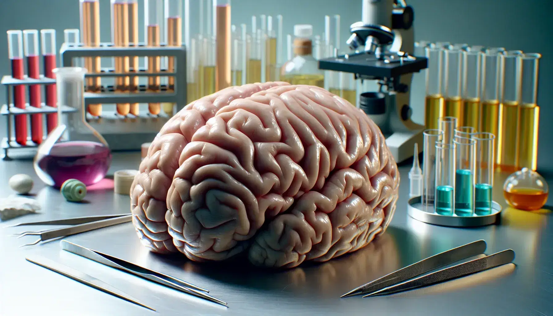 Cerebro humano en primer plano sobre superficie reflectante en laboratorio con pinzas, microscopio y tubos de ensayo con líquidos de colores.
