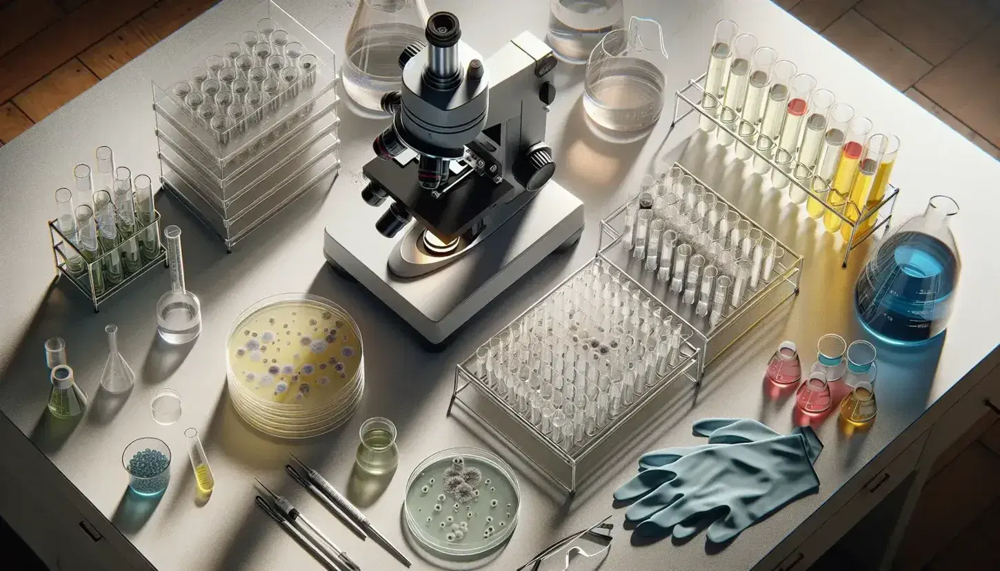 Vista aérea de una mesa de laboratorio con microscopio electrónico, placas de Petri con cultivos, tubos de ensayo coloridos, guantes de látex y gafas de seguridad.