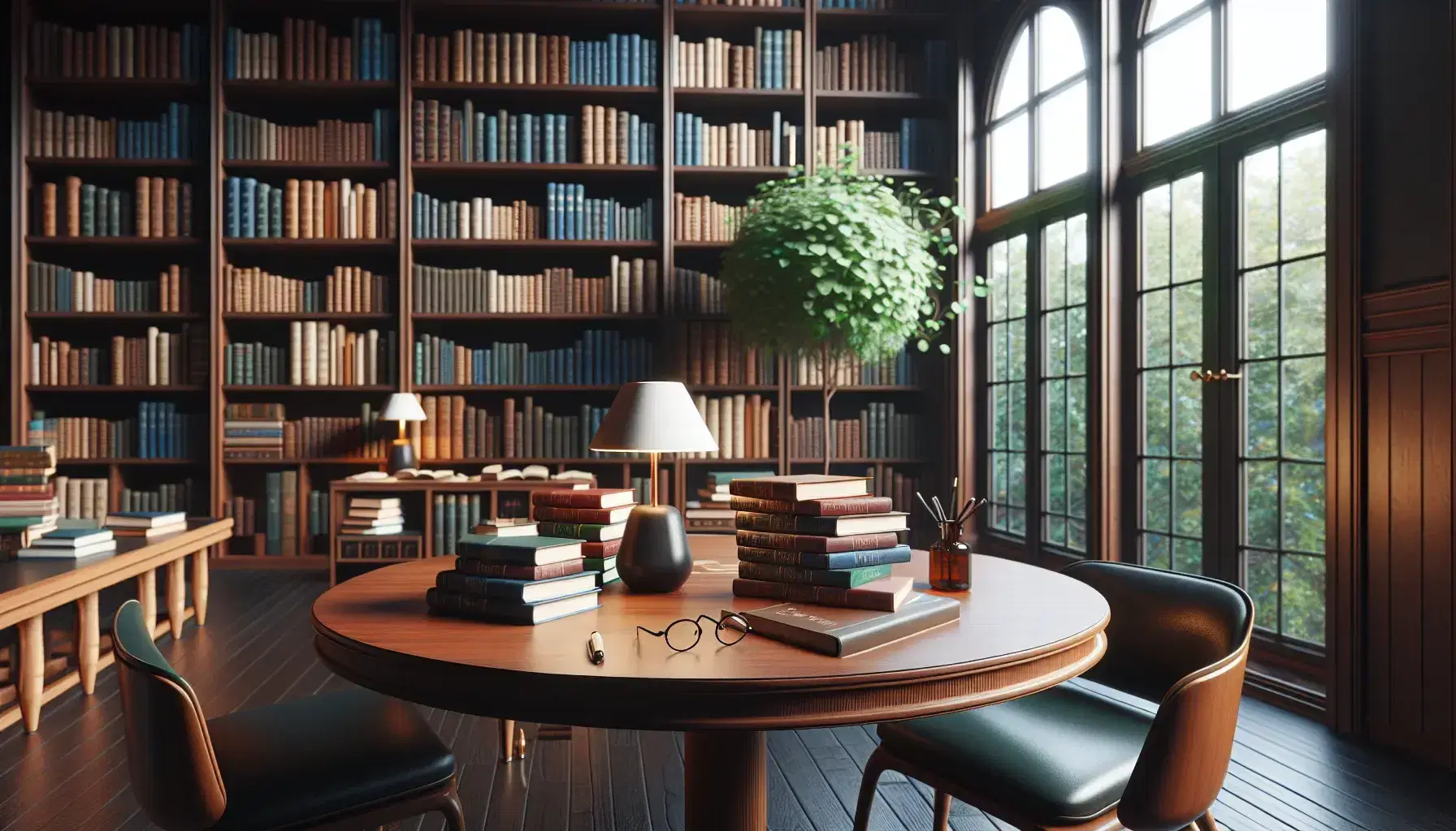 Biblioteca acogedora con estanterías de madera oscura llenas de libros, mesa central con libros apilados, gafas y lámpara, junto a ventana con vista a árboles.
