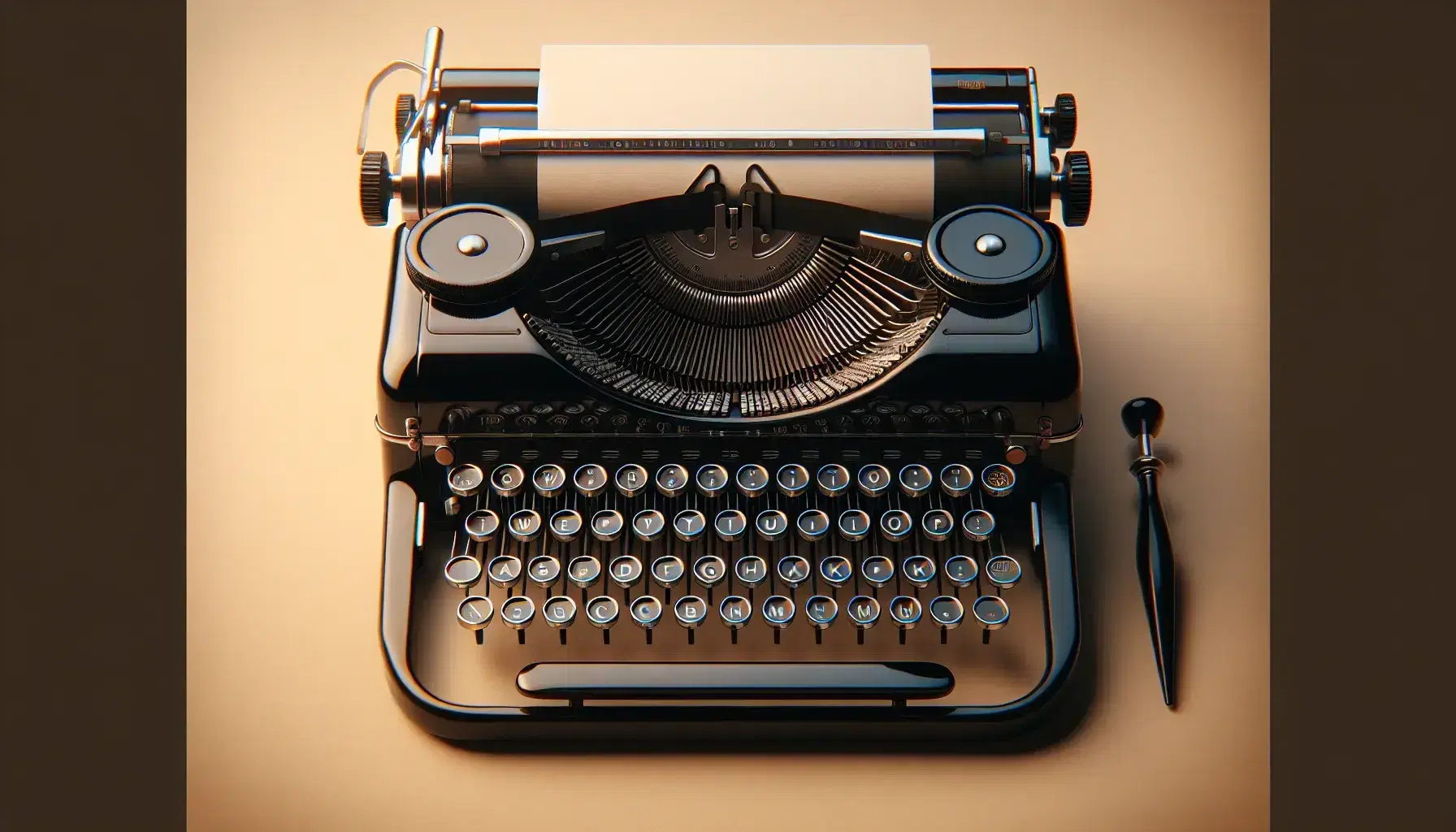 Close-up view of a vintage black typewriter with blank keys and a white sheet of paper, set against a cream background, reflecting soft light.