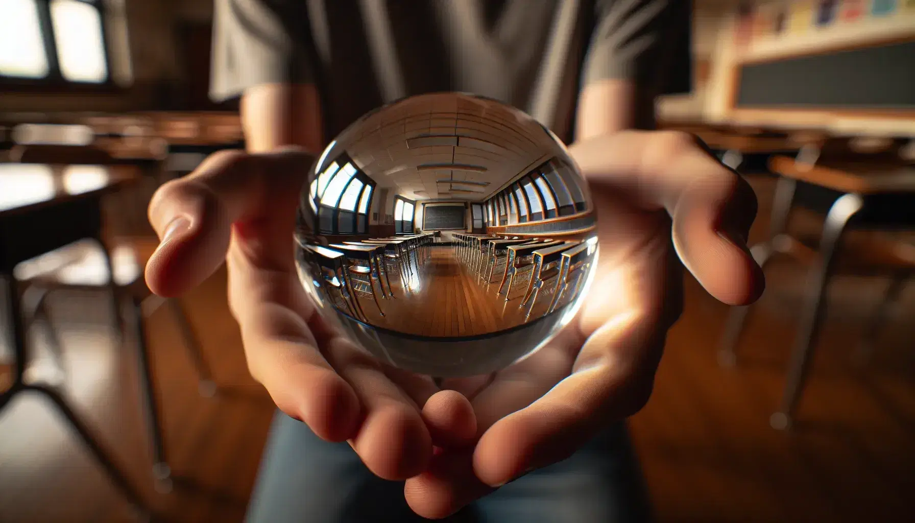 Hands cupping a glass sphere reflecting a blurred classroom with wooden desks and a chalkboard, highlighting the sphere's clarity and room's soft lighting.
