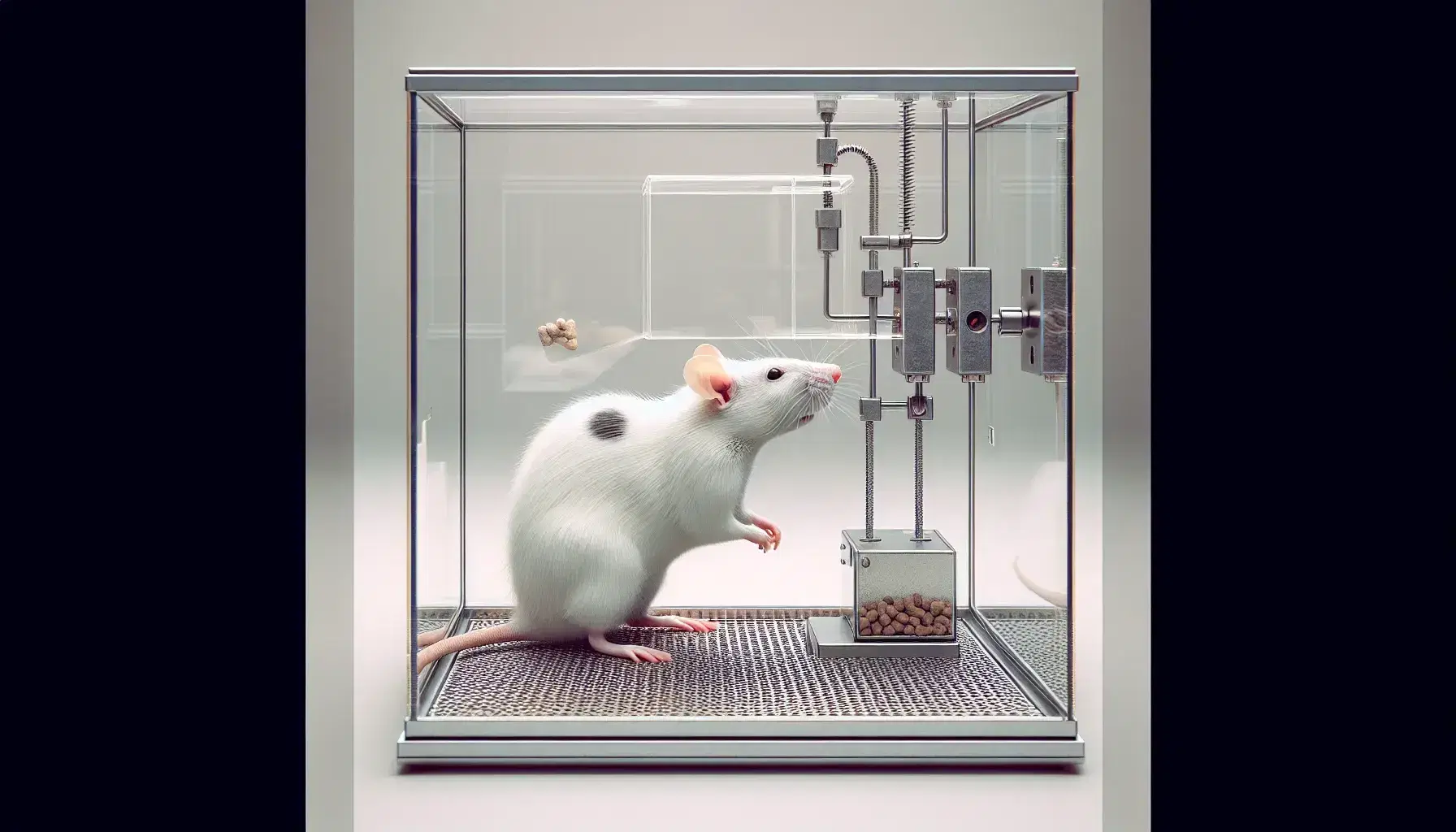 Rata de laboratorio blanca con manchas negras interactuando con una palanca en una caja de Skinner transparente con dispensador de comida y suelo de rejilla metálica.