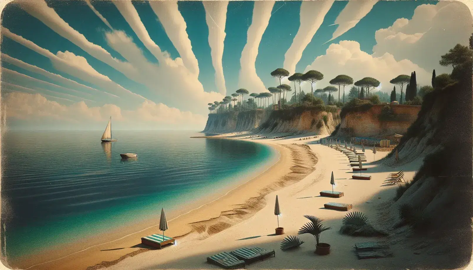 Spiaggia italiana con sabbia chiara, mare calmo, palme inclinate, cielo parzialmente nuvoloso, sdraio vuote e barca a vela ferma.