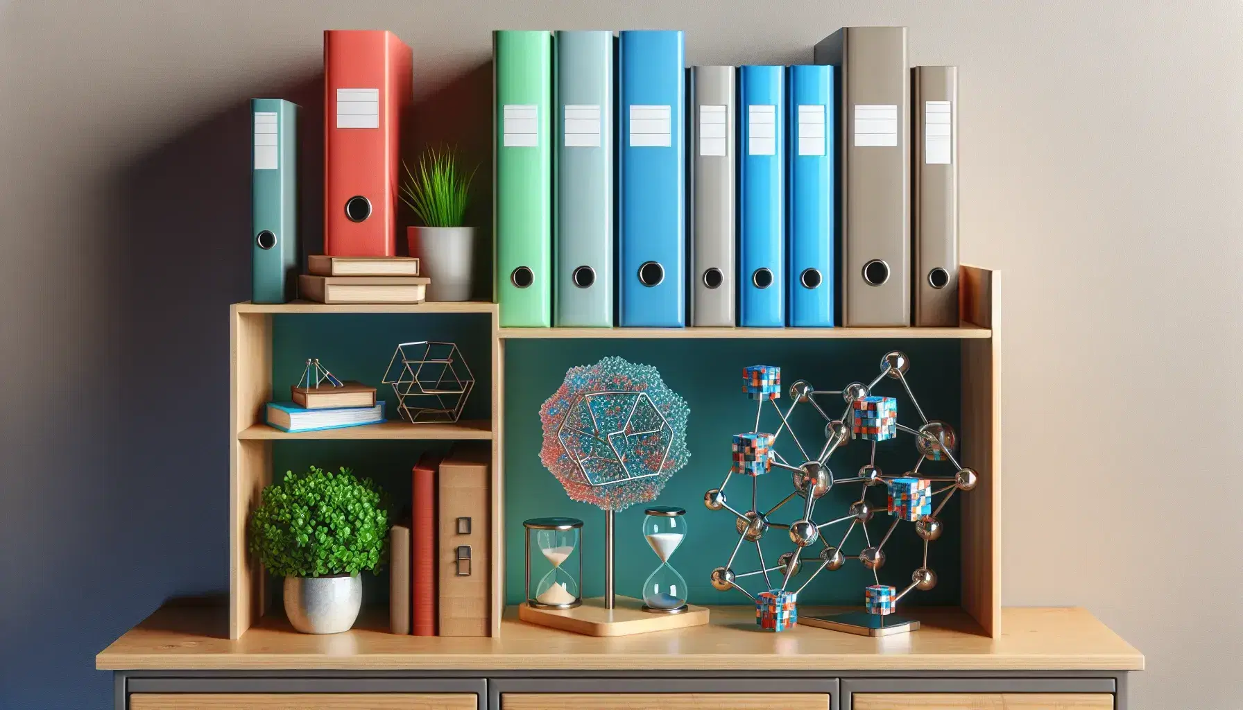 Estante de madera con carpetas coloridas, planta, modelo de red cúbica, figura geométrica metálica, libros y reloj de arena en fondo gris.