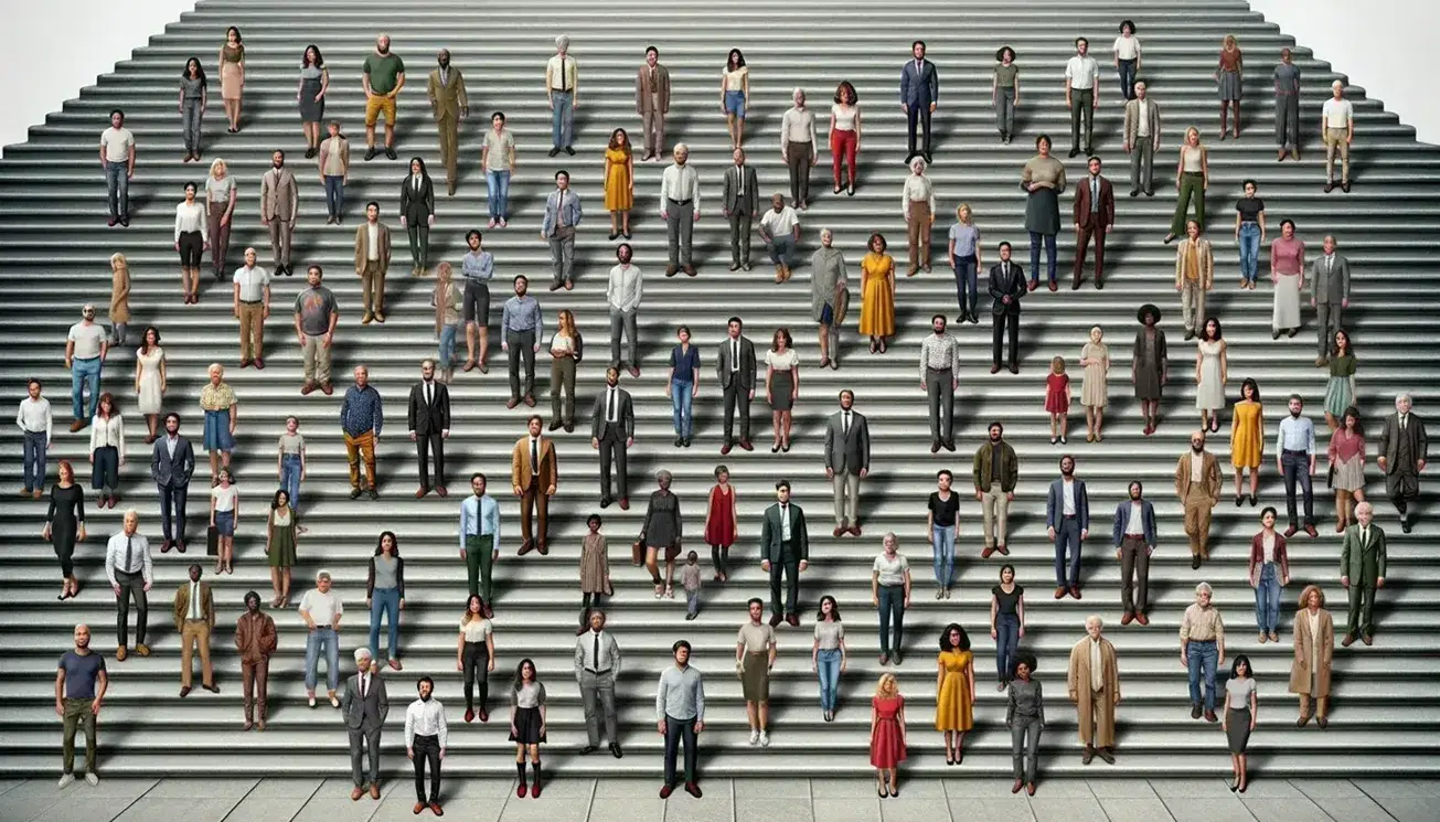 Diverse group of people on stone staircase, from casual at the bottom to elegant at the top, in a bright, monochromatic environment.