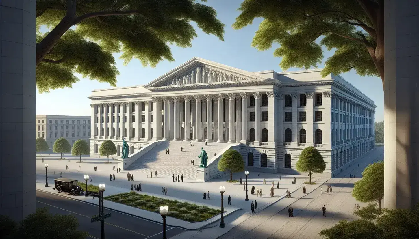 Neoclassical government building with grand columns and staircase, bustling plaza with diverse pedestrians, under a clear blue sky.