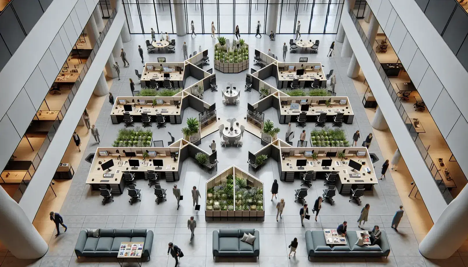 Vista aérea de oficina moderna con escritorios de madera, monitores negros, plantas verdes, áreas de descanso con sofás azules y salas de reuniones con paredes de vidrio.