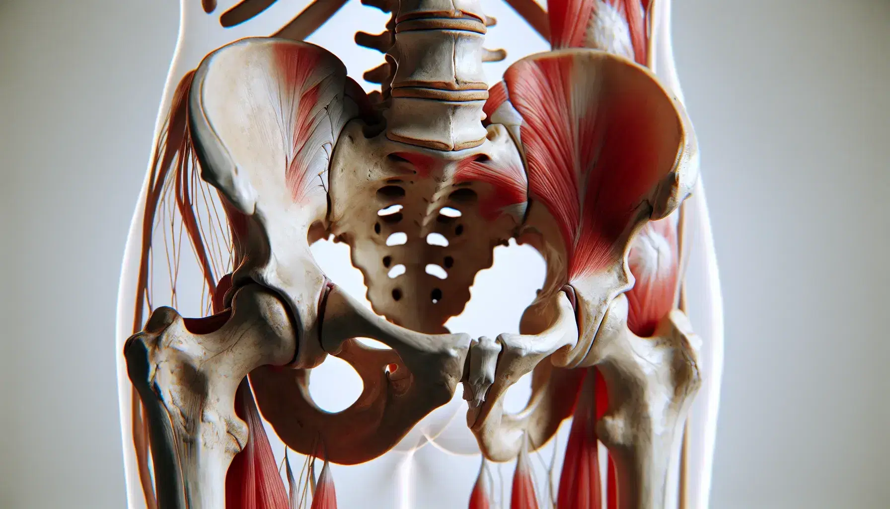 Esqueleto humano de perfil con pelvis ósea destacada y músculos parcialmente esbozados en tonos rojos, sobre fondo neutro sin distracciones.