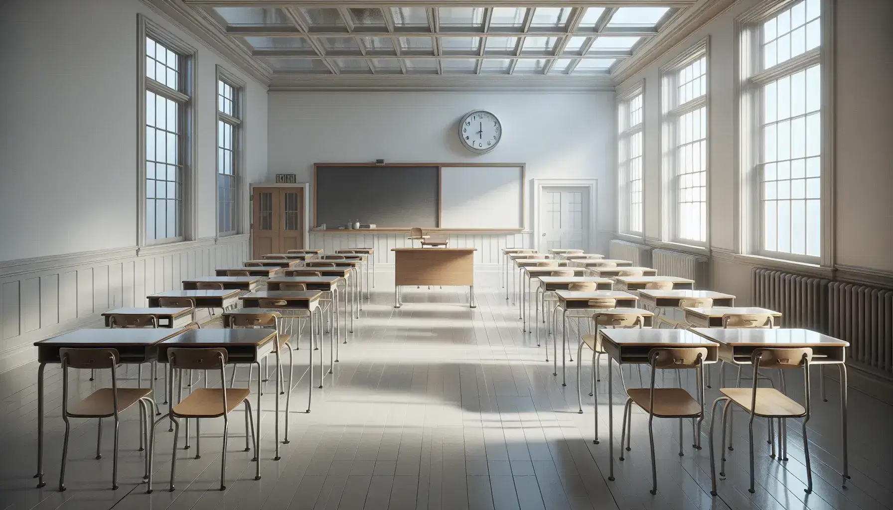 Aula scolastica vuota con banchi in legno allineati, sedie impilate sopra, lavagna vuota, orologio e finestra aperta che lascia entrare la luce.