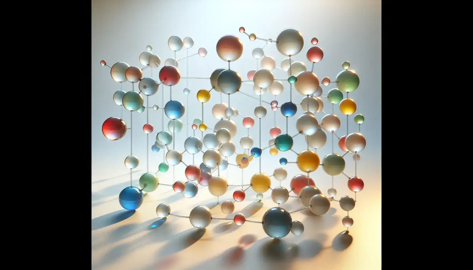 Estructura molecular estilizada con esferas de colores vibrantes unidas por varillas transparentes sobre fondo neutro, reflejando luz suavemente.