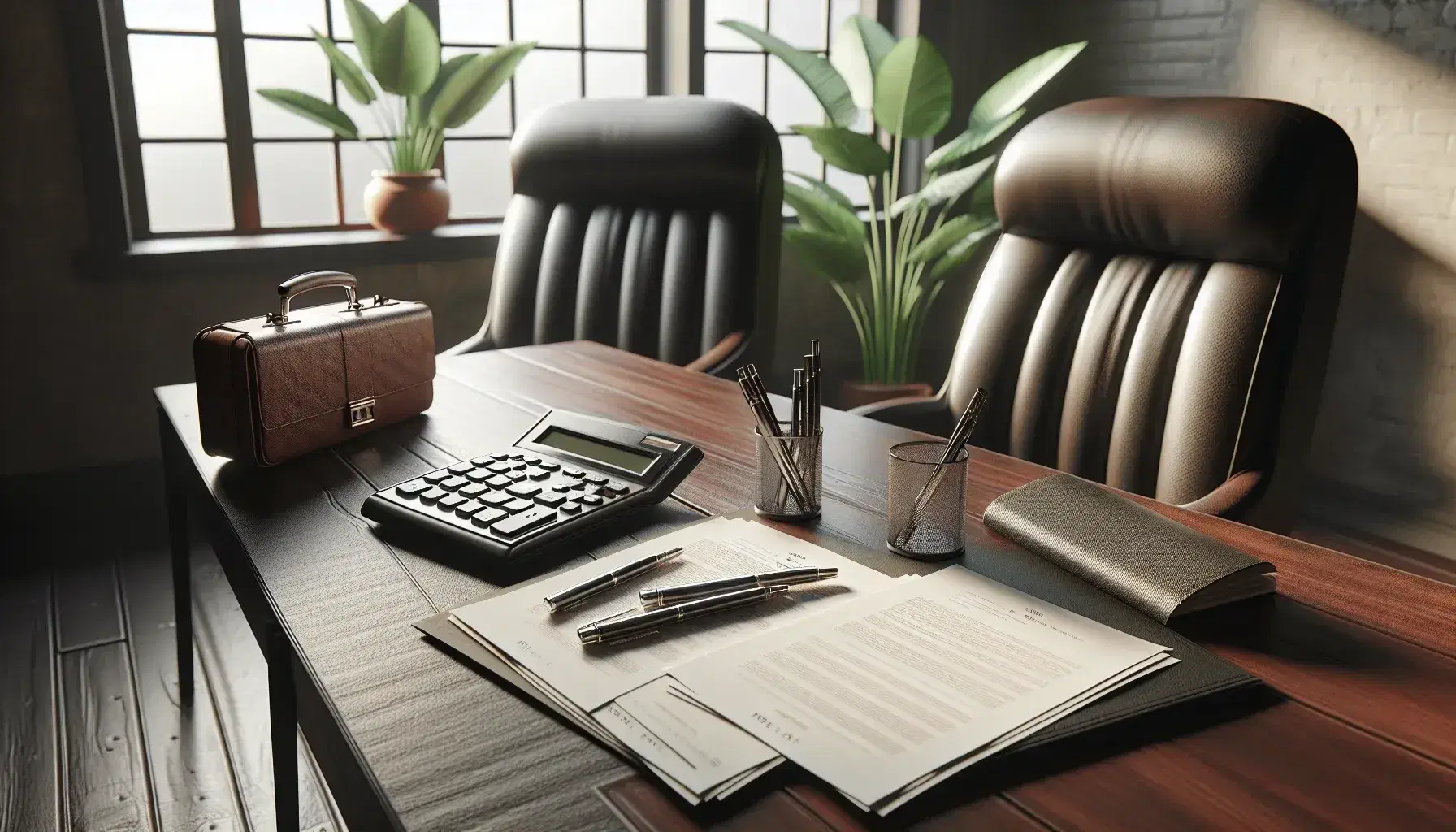 Mesa de madera oscura con sillas de oficina negras enfrentadas, documentos blancos, bolígrafos metálicos, maletín de cuero y calculadora, con planta al fondo.