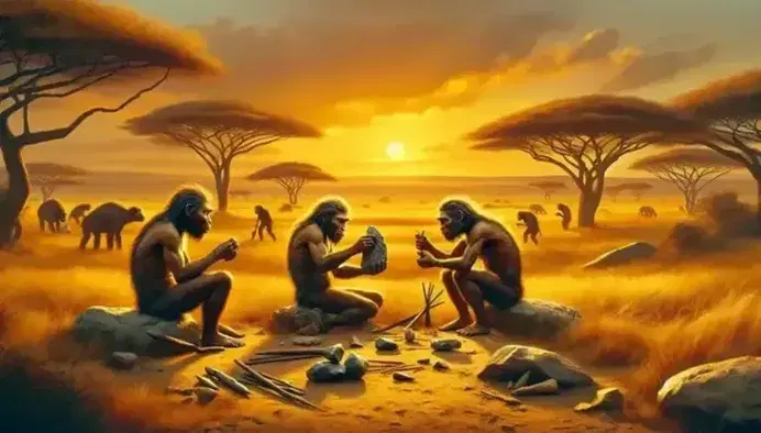 Tre Homo erectus in savana africana al tramonto creano strumenti di pietra e comunicano con gesti, con antilopi in lontananza.