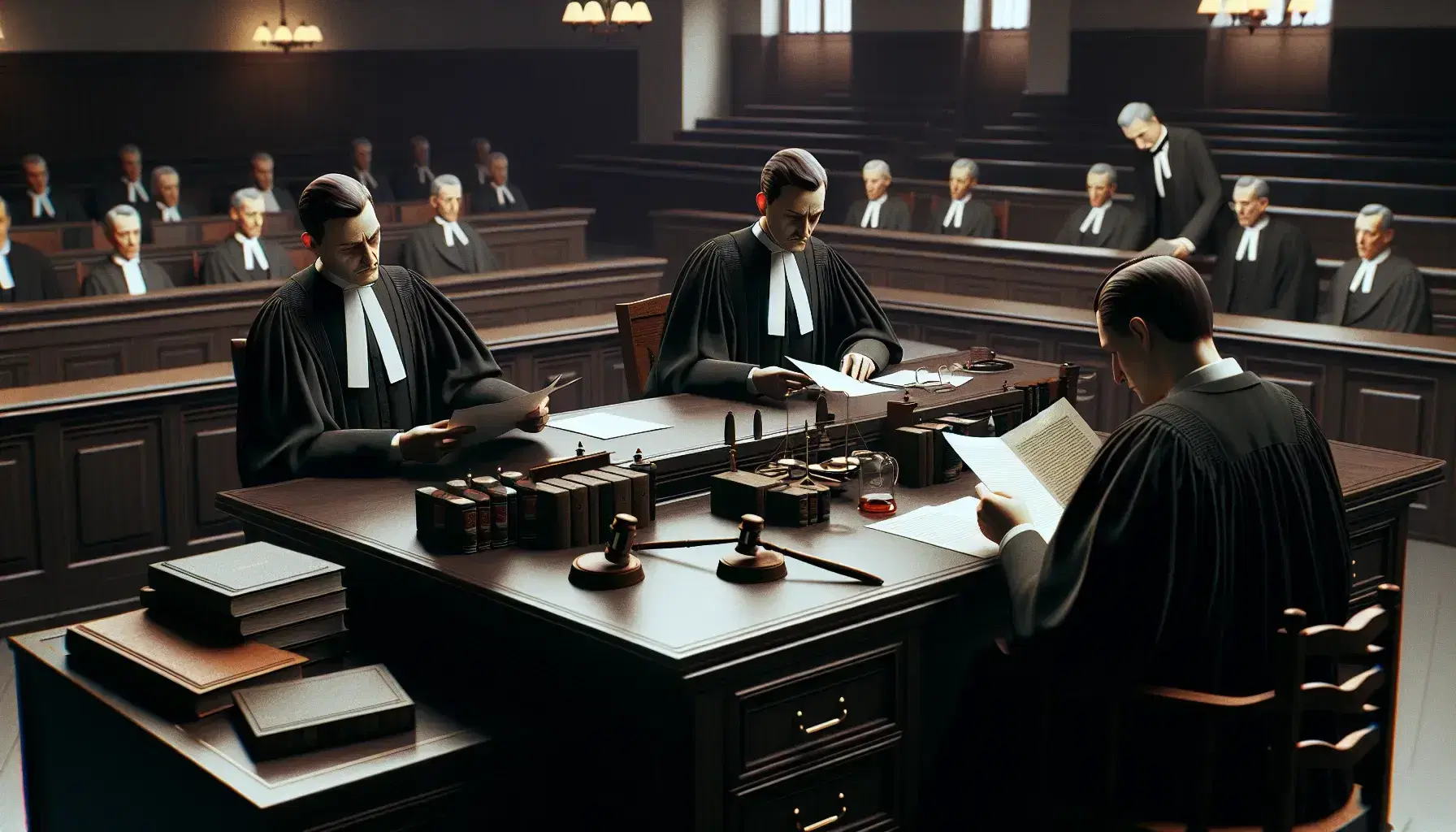 Scena di tribunale con giudice in toga che legge documenti, avvocati al lavoro e banco dei testimoni vuoto, atmosfera formale.
