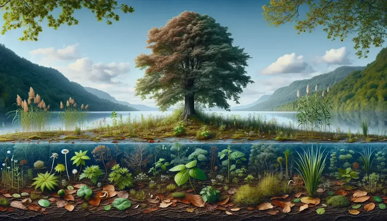 Escena natural con suelo marrón, hojas caídas, plantas verdes con flores, árbol robusto, lago reflejante, cañas, montañas al fondo y cielo azul.