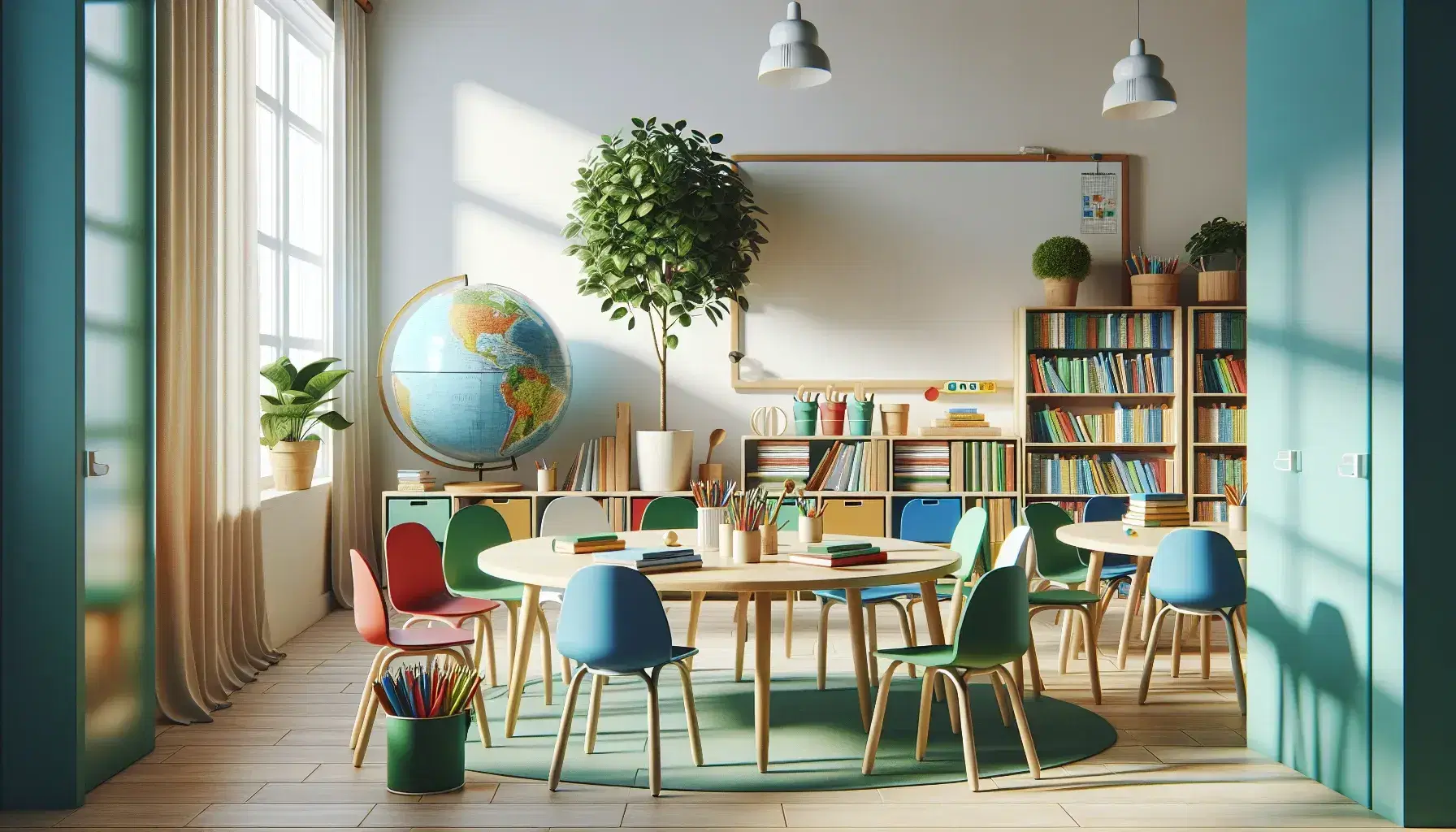 Aula escolar colorida con mesa redonda de madera, sillas plásticas multicolores, globo terráqueo, libros y planta verde, junto a pizarra blanca y estantería con cajas y libros.