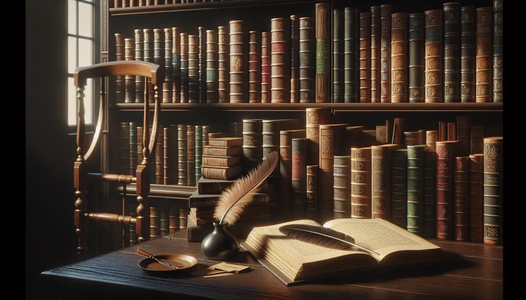 Biblioteca antigua con estantes de madera oscura llenos de libros de colores variados, mesa con libro abierto, pluma de ave y tintero negro con borde dorado, y escalera de madera.