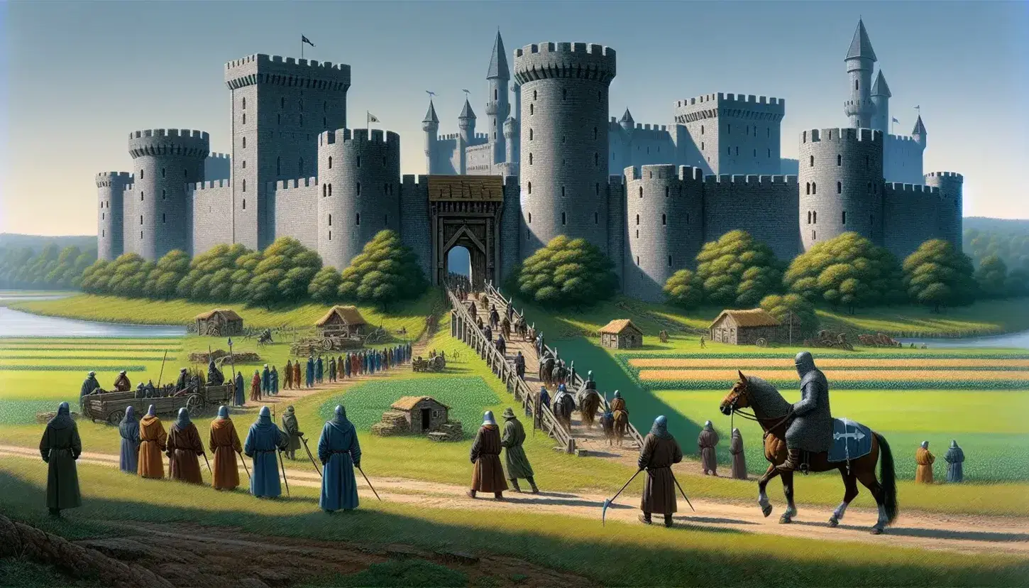 Construcción medieval de piedra con torres altas bajo cielo azul, campo verde con campesinos trabajando y caballero a caballo acercándose al puente levadizo.