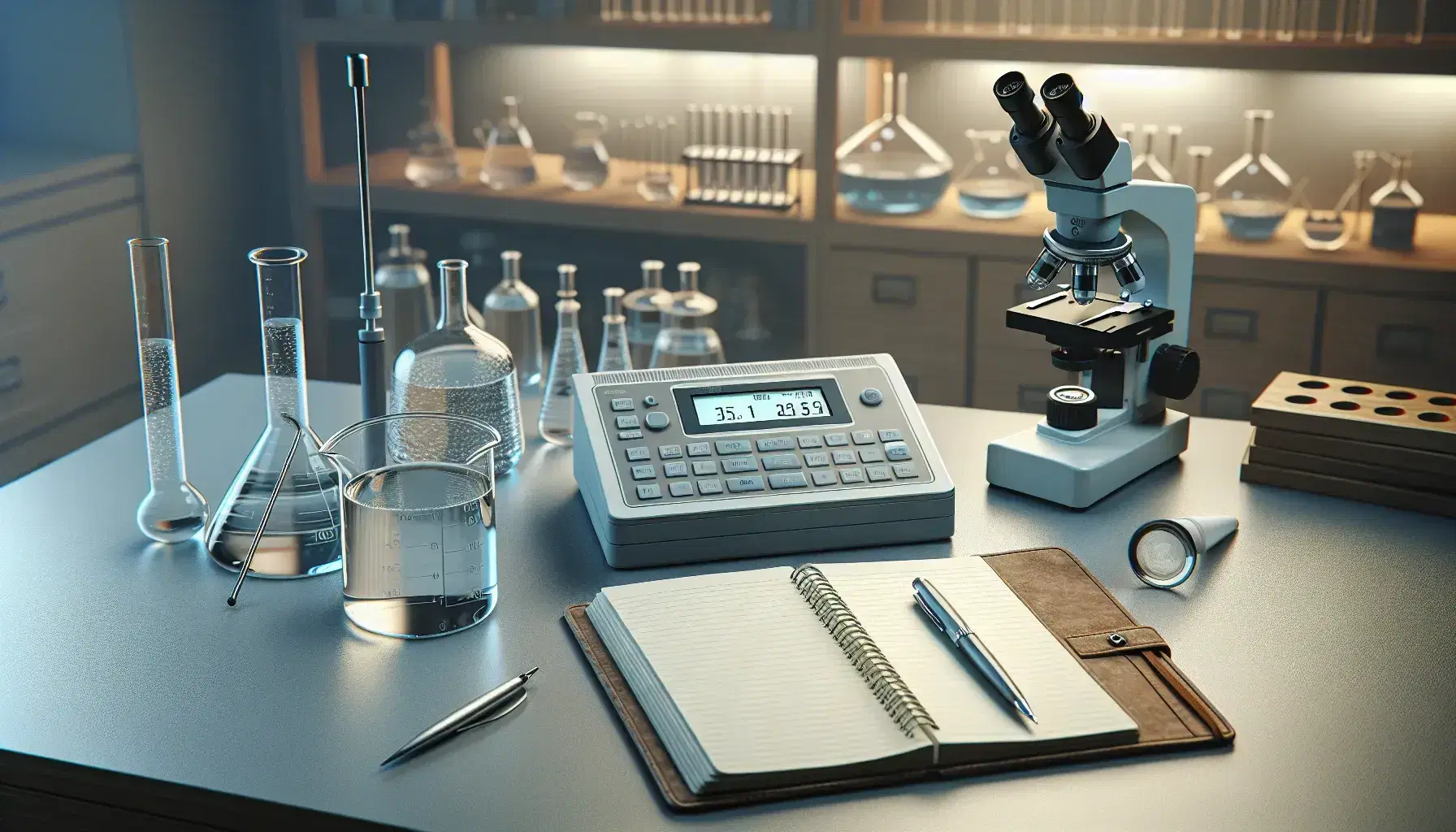 Primer plano de un laboratorio científico con medidor de conductividad digital y electrodo en agua, cuaderno con bolígrafo y guantes de látex, con estantes y microscopio al fondo.
