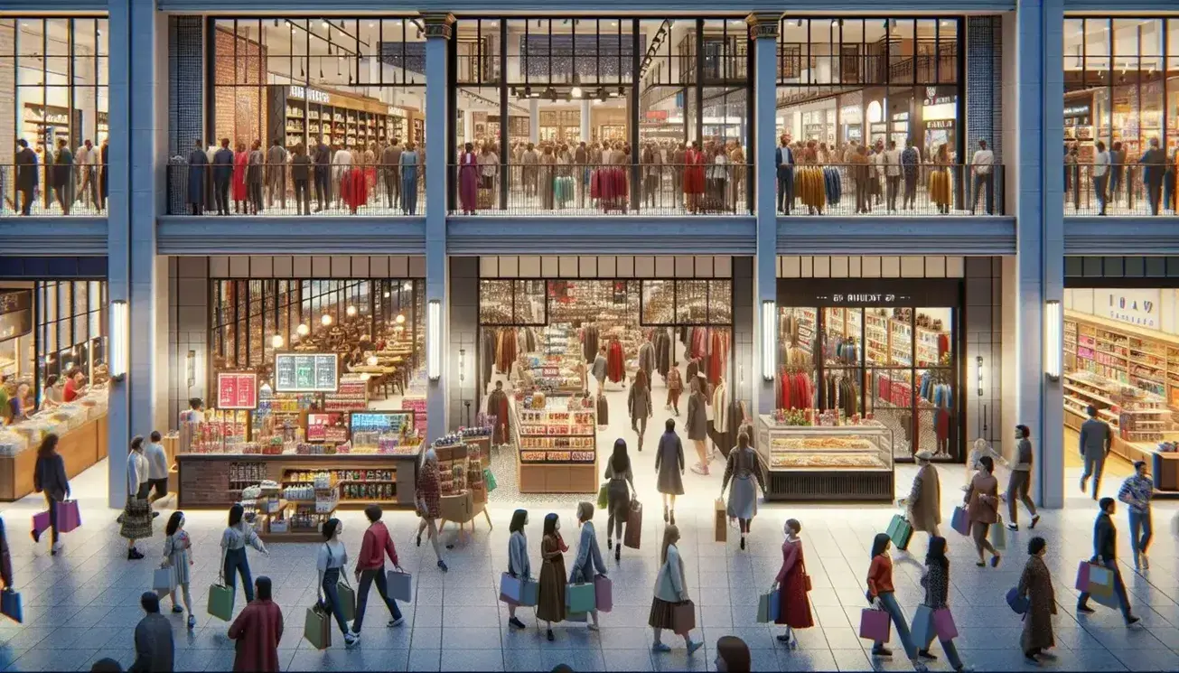 Bustling indoor mall with diverse shoppers, clothing store, food outlet with high stools, electronics shop, and service provider under a skylit ceiling.