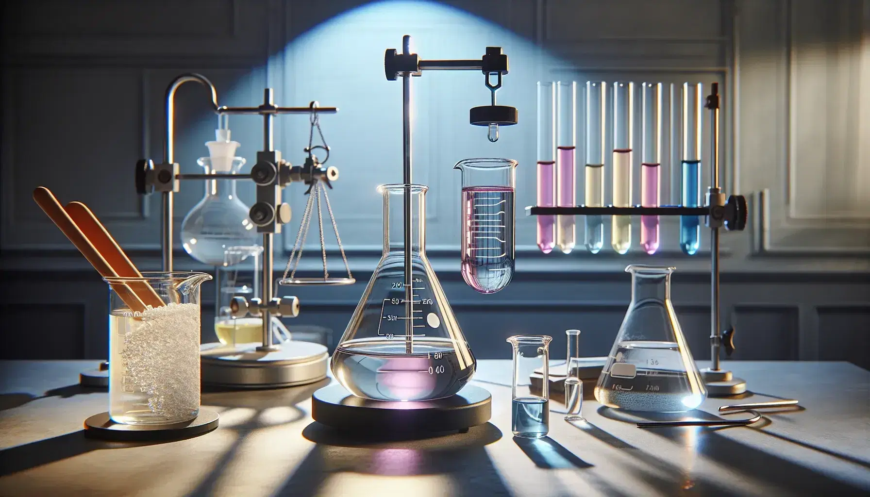 Laboratorio químico con matraz Erlenmeyer en placa calefactora, tubo de ensayo con sustancia azul y embudo de separación con líquidos inmiscibles amarillo y rosa.