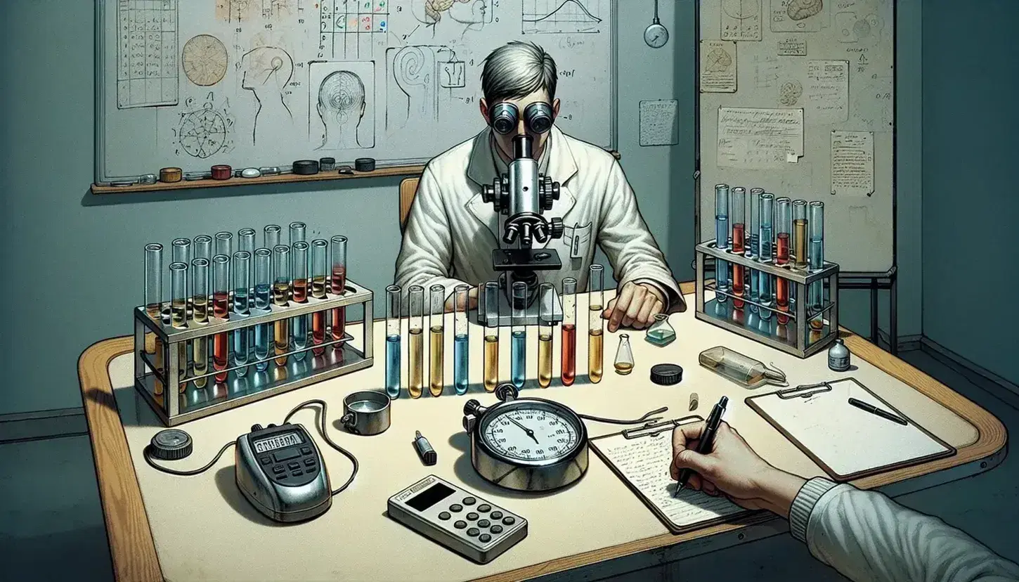 Laboratorio di ricerca psicologica con due scienziati in camice, microscopio, provette colorate e lavagna sfocata sullo sfondo.