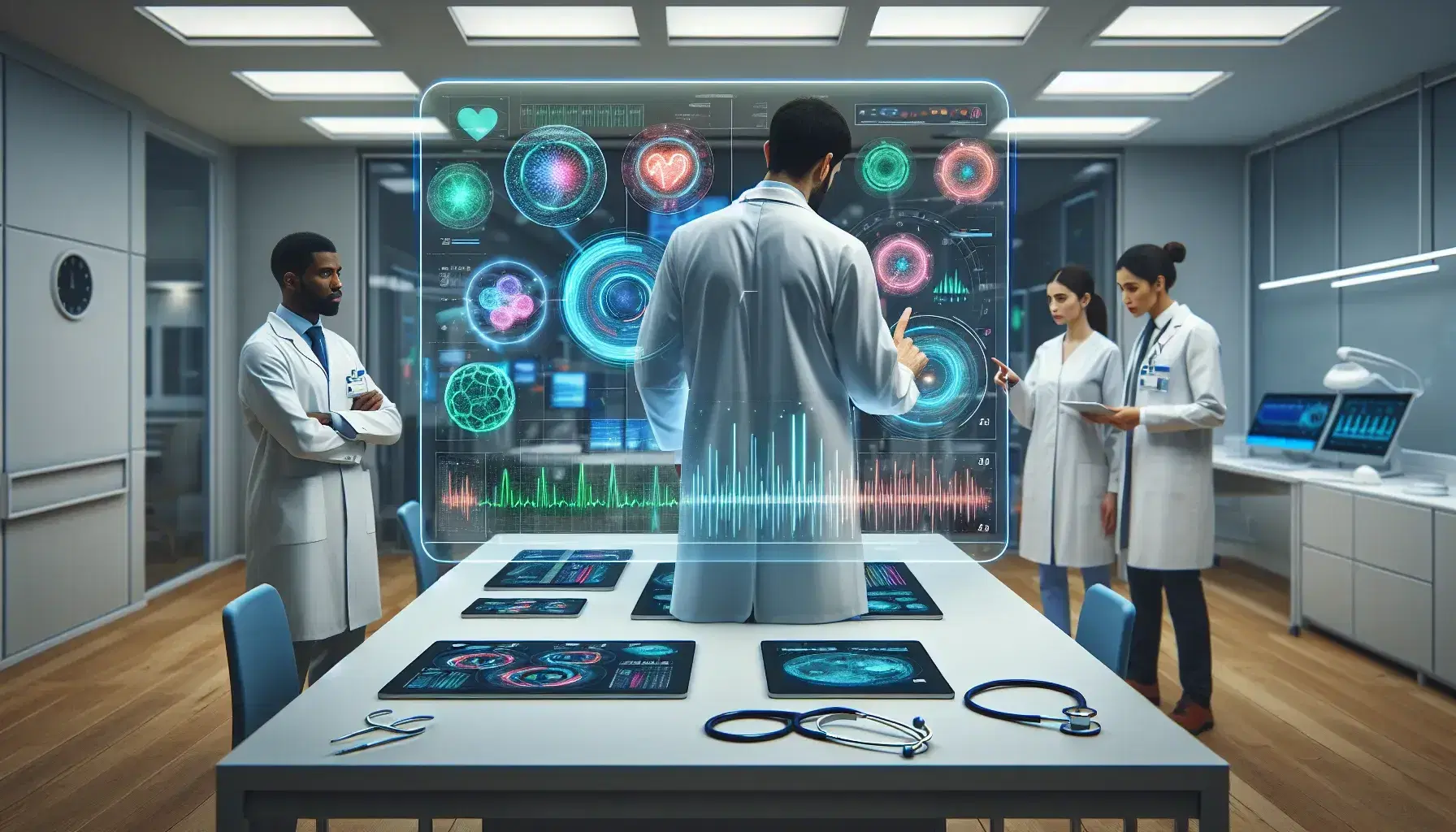 Profesionales de la salud analizan datos estadísticos en pantallas transparentes y dispositivos electrónicos en un hospital moderno.