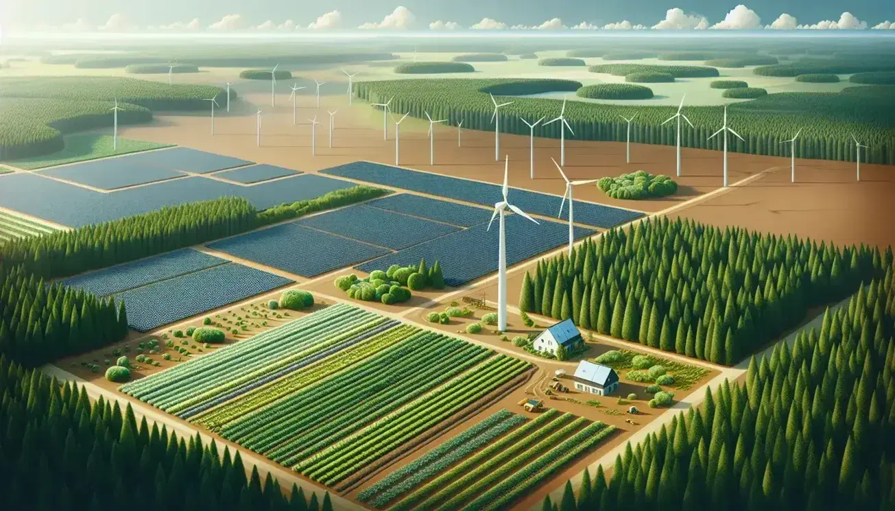 Campo de cultivo con plantas verdes, parque eólico con tres aerogeneradores y paneles solares bajo un cielo azul con nubes, junto a un bosque denso y edificio sostenible con techo verde.