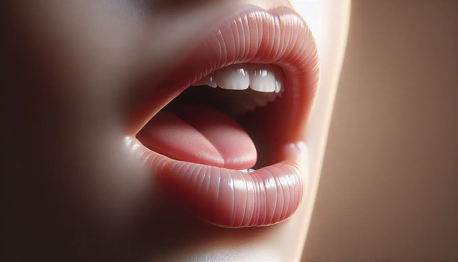 Close-up profile view of a human mouth with pink lips slightly parted, revealing white teeth and a tongue positioned for vowel pronunciation.