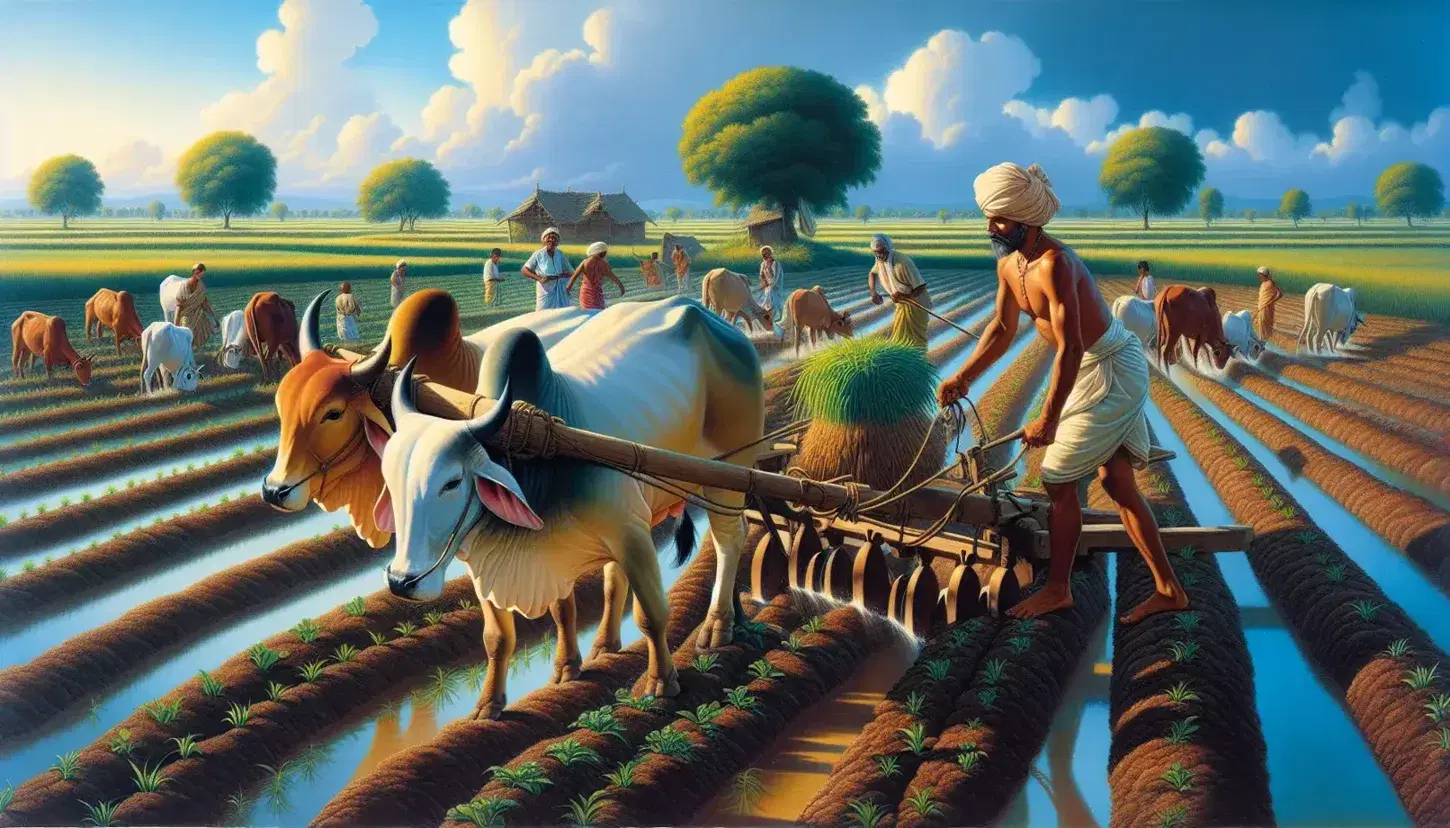 Lush green agricultural field with oxen plowing fertile soil, farmers planting seeds, Mughal architecture in the background under a clear blue sky.