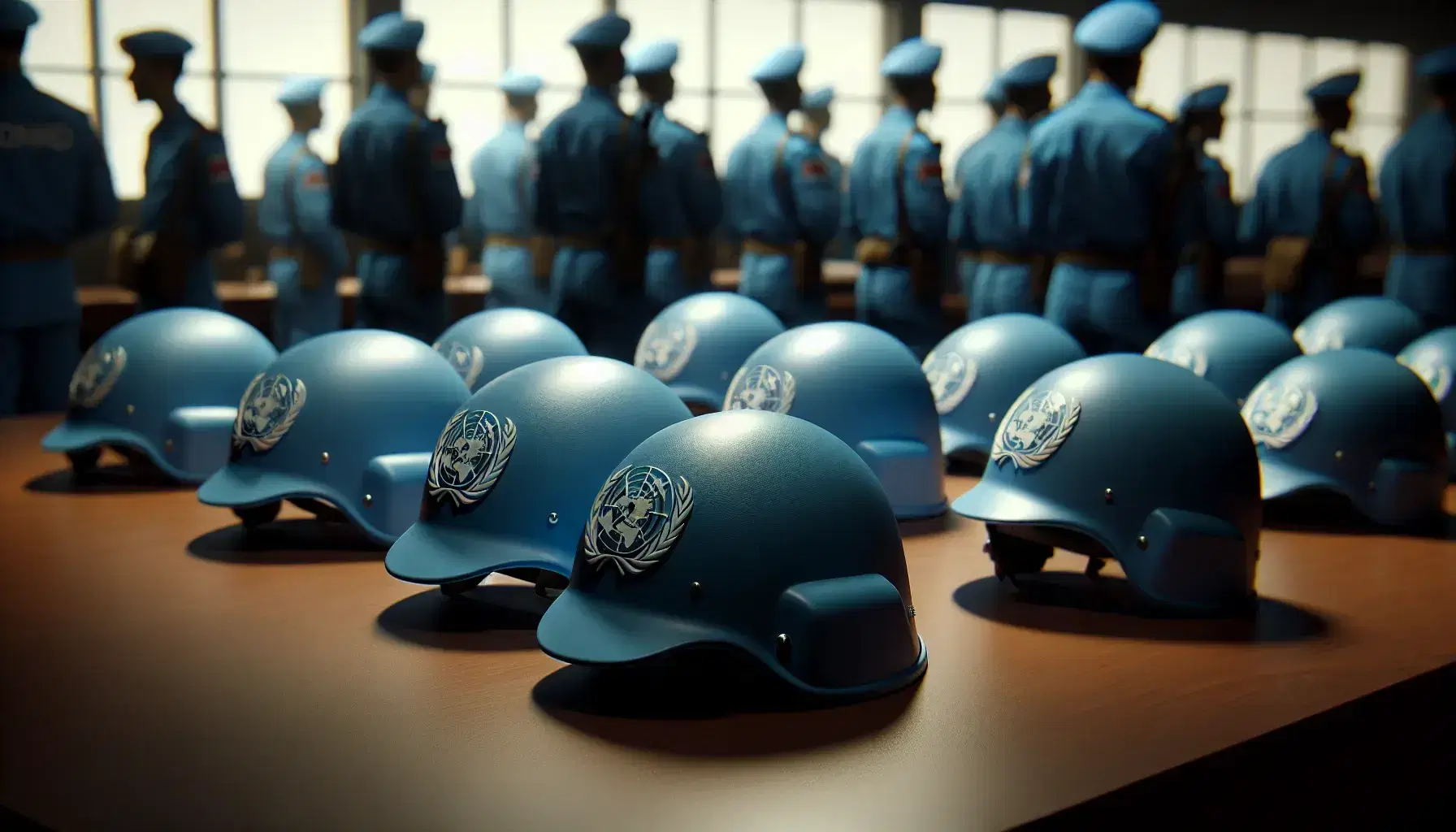 Cascos azules de la ONU apilados en una mesa de madera con personal militar desenfocado al fondo.
