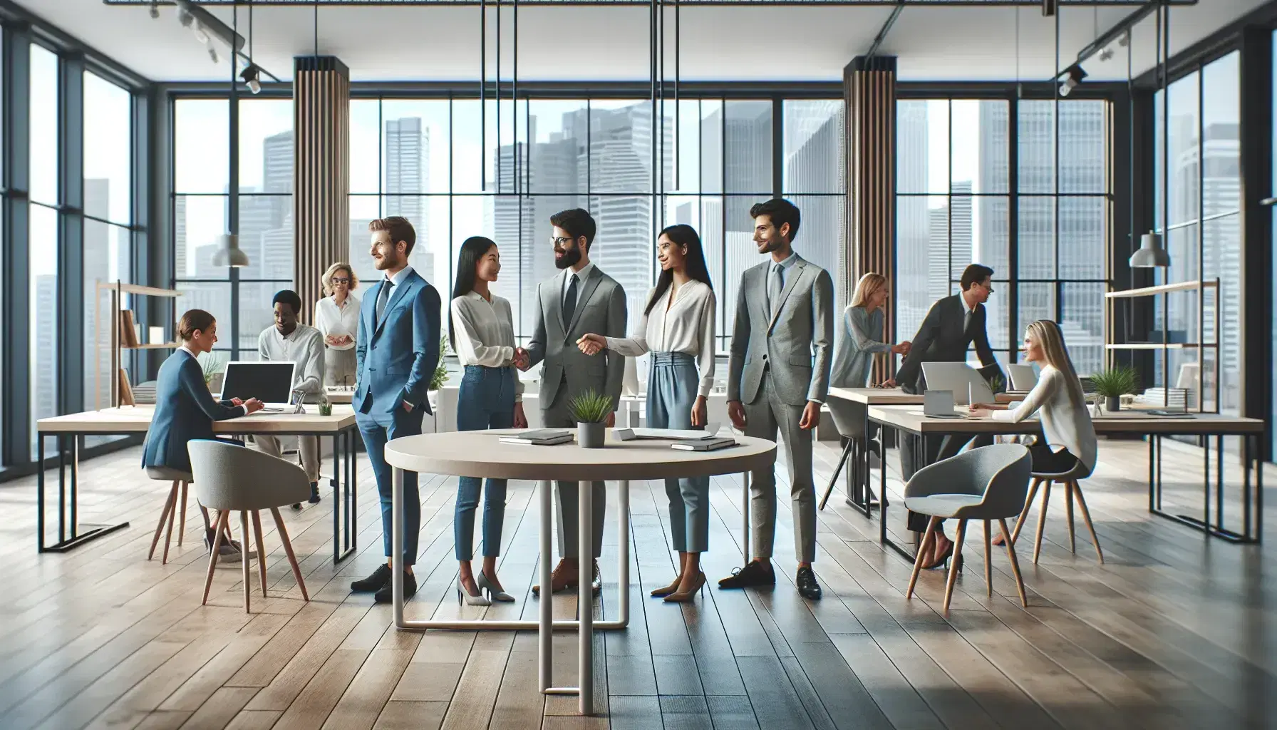 Grupo diverso de profesionales en oficina moderna con grandes ventanas, algunos estrechando la mano alrededor de una mesa redonda y otros trabajando.