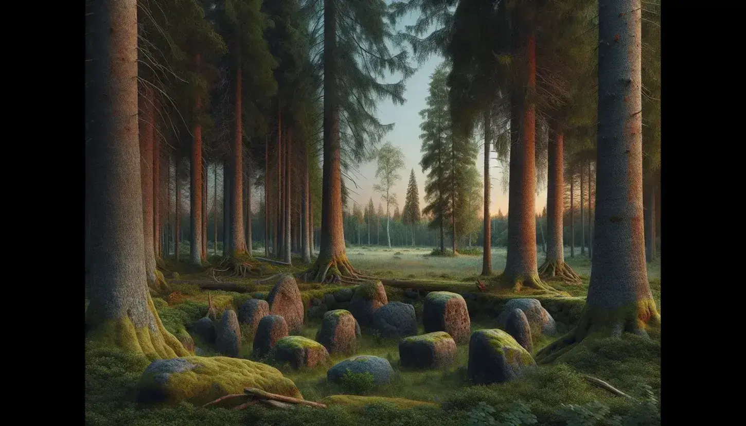 Serene autumn forest clearing at twilight with natural stone formations, moss-covered boulders, and trees with leaves turning orange and red.