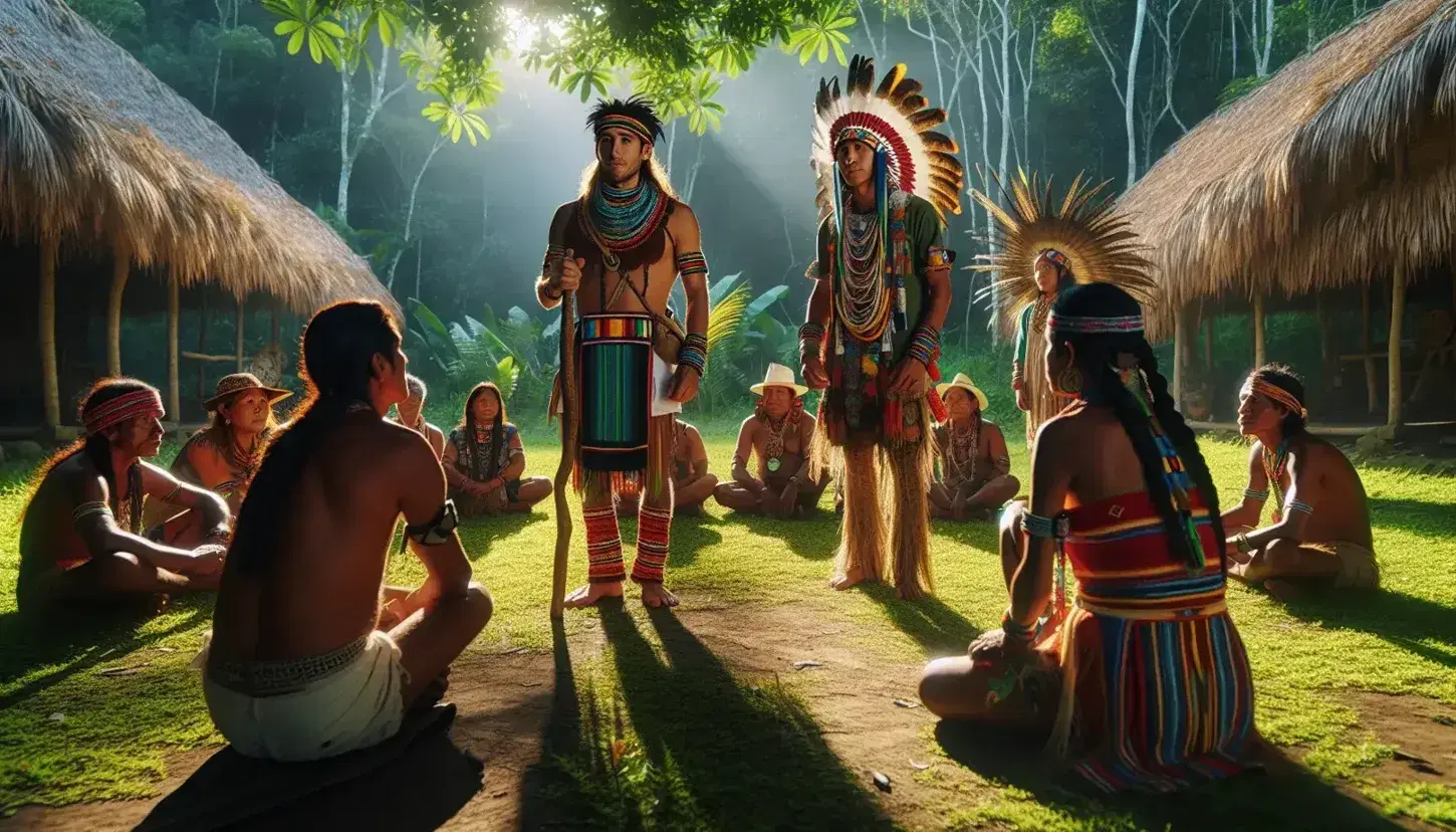 Indígenas colombianos en atuendos tradicionales dialogan en un entorno natural, con árboles y una choza al fondo, reflejando respeto y tradición.