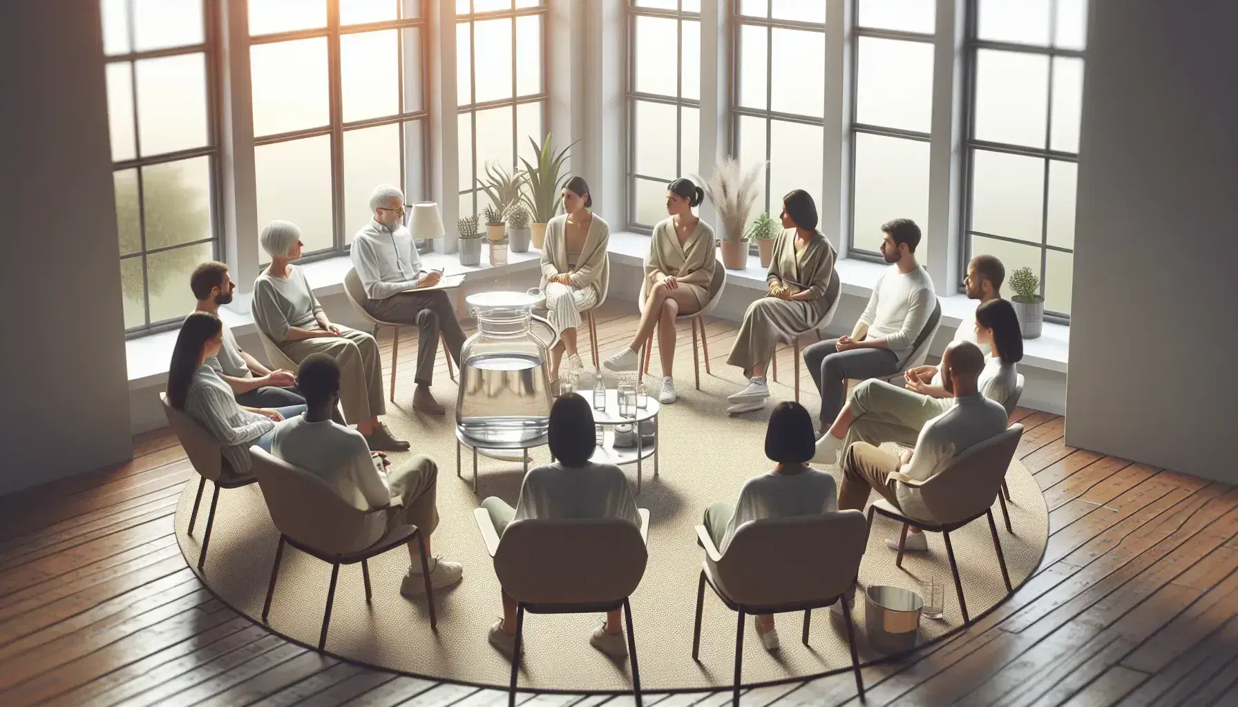 Group therapy session in bright room with different people around chairs arranged in a circle, professional with clipboard actively listens.