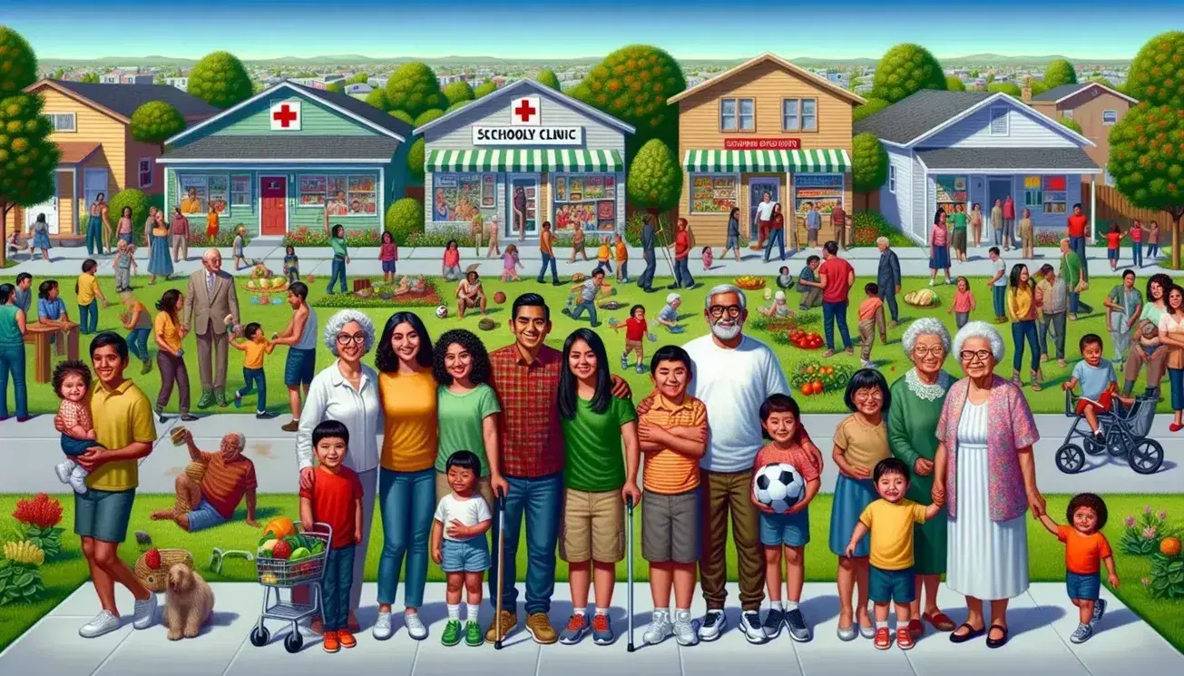 A diverse group of people from different ethnic backgrounds gather in a community space, with a family in the foreground and local services around.
