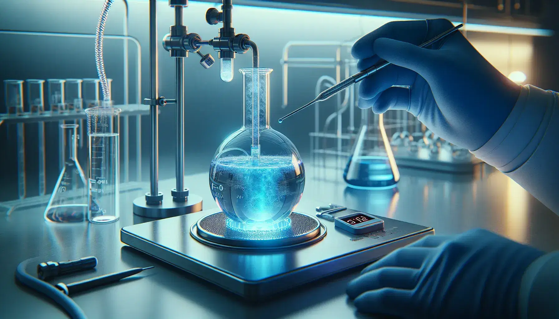 Scientist hands in blue gloves adjust a flask with blue liquid connected to a capacitor in daylit laboratory.