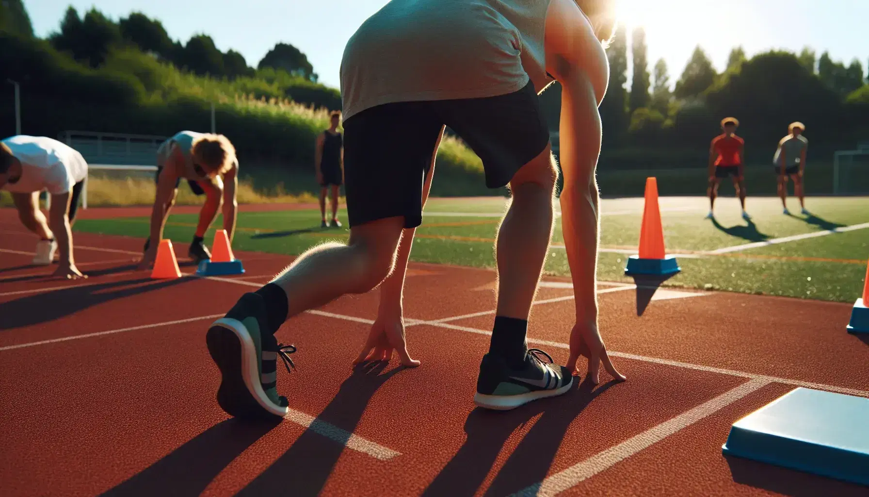 Atletas en posición de salida en pista de atletismo roja con conos naranjas, césped verde y árboles al fondo en día soleado.