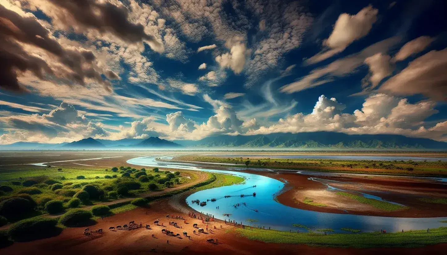 Pianura alluvionale con fiume serpeggiante, vegetazione rigogliosa, montagne innevate in lontananza, cielo azzurro con nuvole e attività agricole lungo la riva.