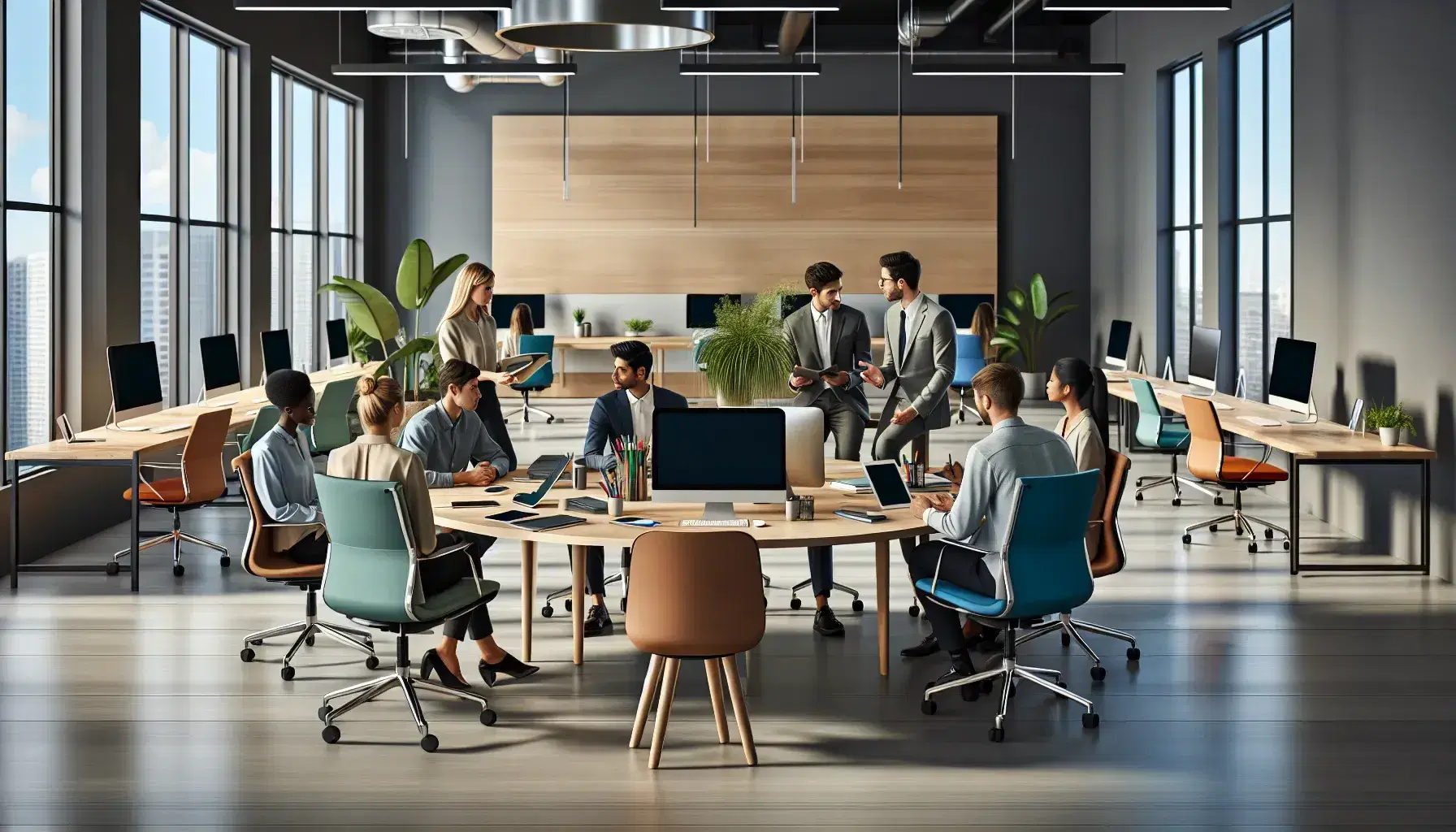 Diverse team collaborates around a circular table with gadgets and documents in a well-lit, modern office with colorful ergonomic chairs and greenery.