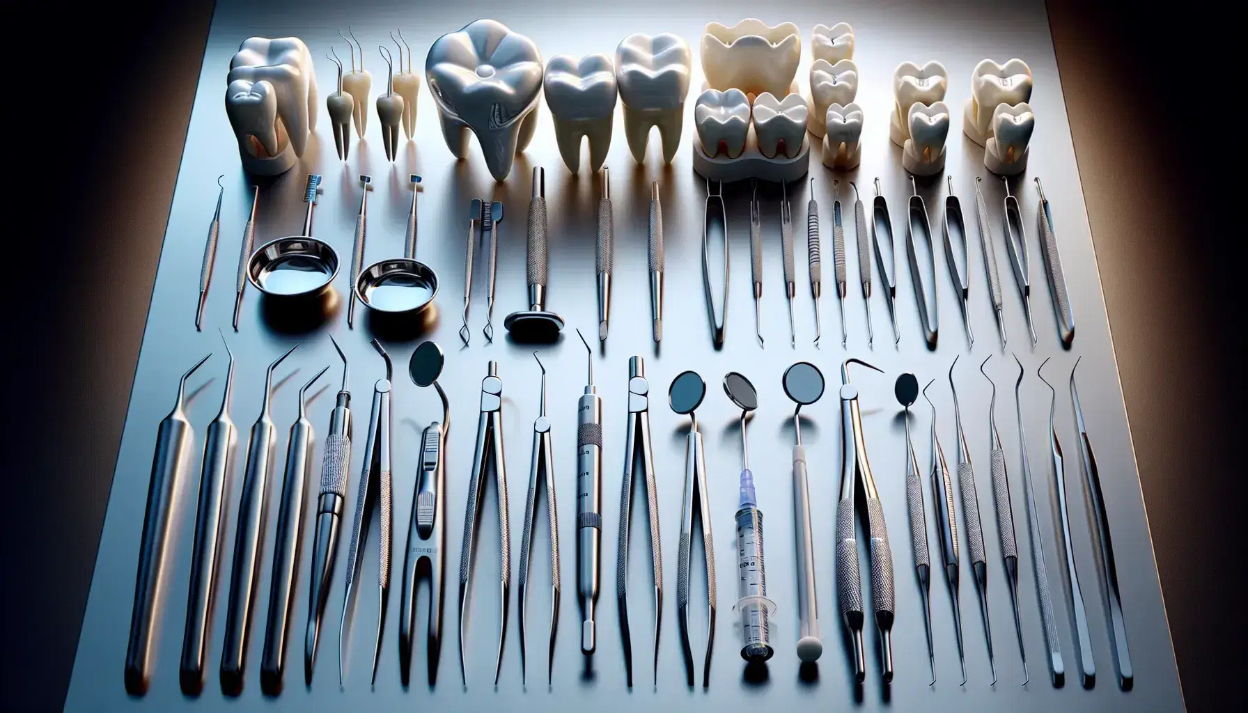 Instrumental odontológico ordenado en bandeja, incluyendo espejos dentales, pinzas, espátulas de mezcla, jeringas sin aguja y modelos de dientes artificiales.