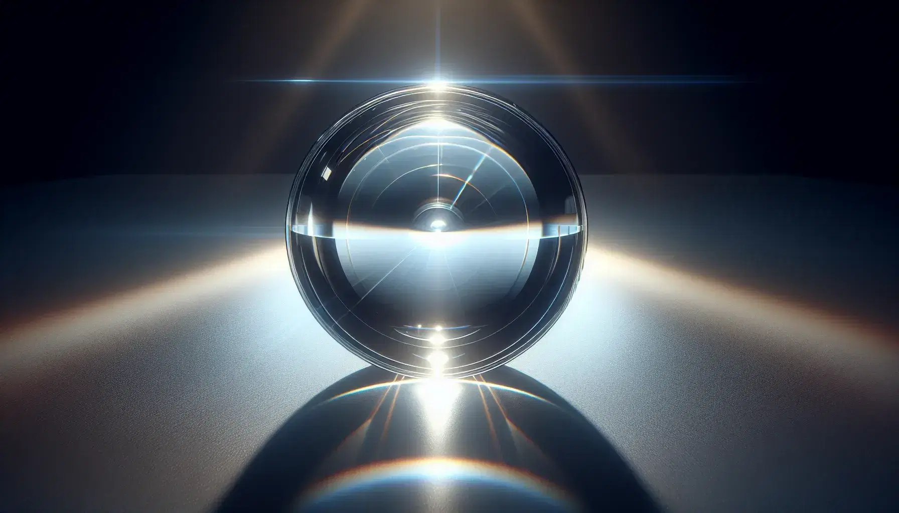 Biconvex glass lens on reflective surface with light refraction, highlighting optical properties and soft background distortion.