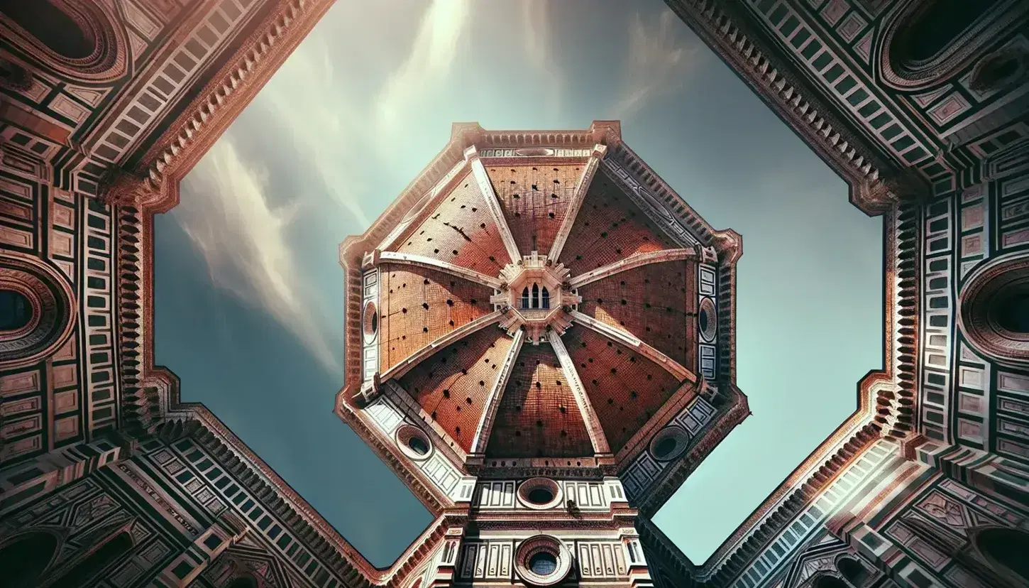 Cupola di Santa Maria del Fiore a Firenze, con tegole terracotta e finestre ad arco, sotto un cielo azzurro chiaro.