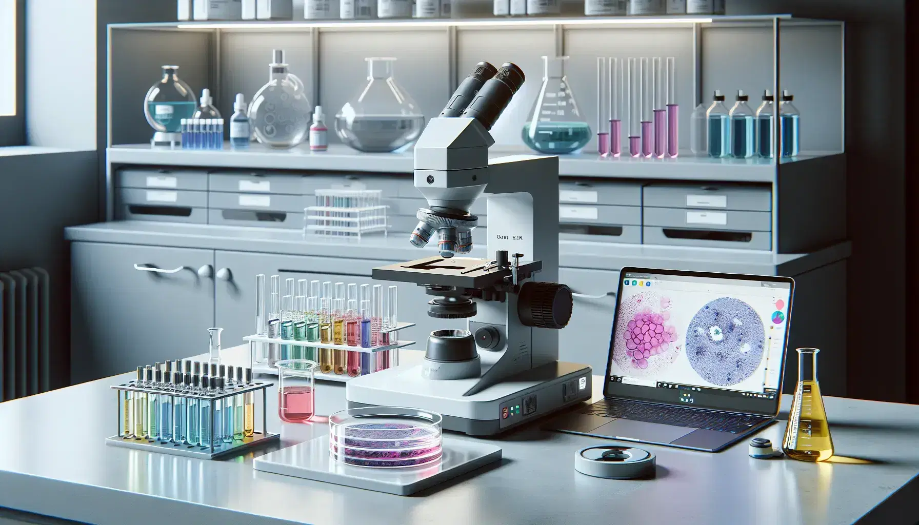 Laboratorio de investigación moderno con microscopio electrónico enfocando una muestra biológica en placa de Petri, tubos de ensayo con líquidos coloridos y laptop con gráficos.