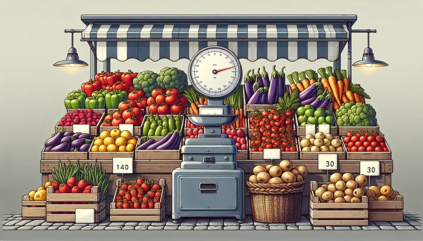 Mercato all'aperto con banco frutta e verdura colorati, venditore pesa ciliegie, etichette bianche in primo piano, cielo azzurro con nuvole.