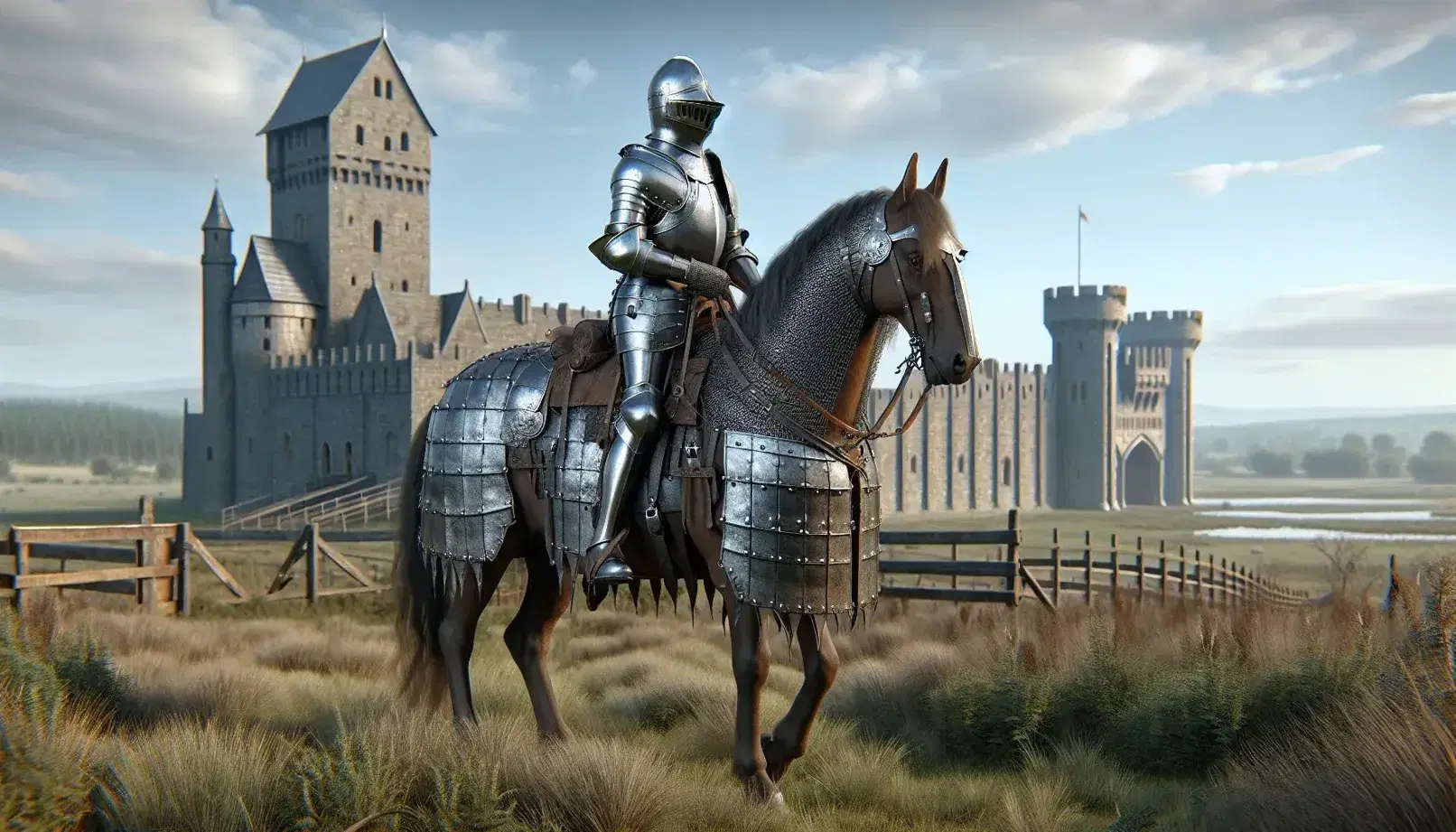 Caballero medieval montado en caballo marrón oscuro frente a castillo de piedra, con armadura plateada y visera levantada bajo cielo azul claro.
