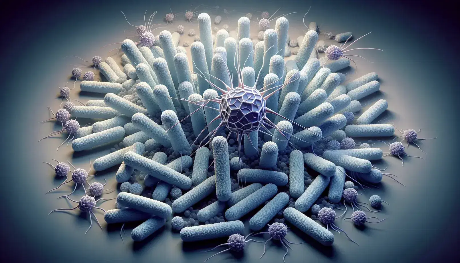 High-magnification view showing rod-shaped bacteria under phage attack, with icosahedral phage heads and spider-like legs, some bacteria lysing.