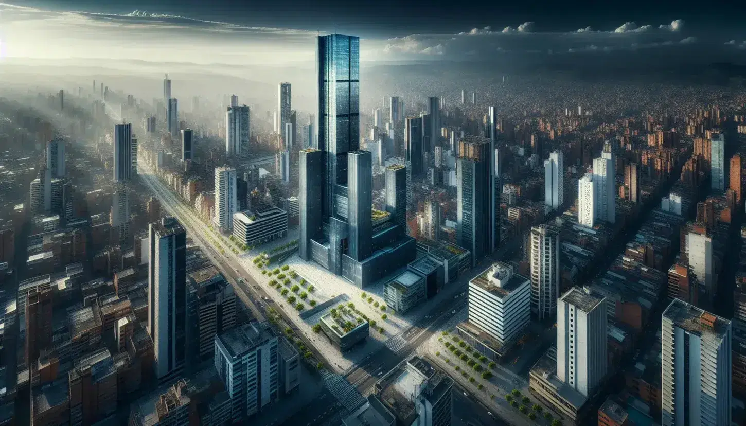 Vista aérea de una ciudad moderna en Colombia con rascacielos reflejando el sol, calles arboladas y áreas verdes periféricas bajo un cielo azul despejado.