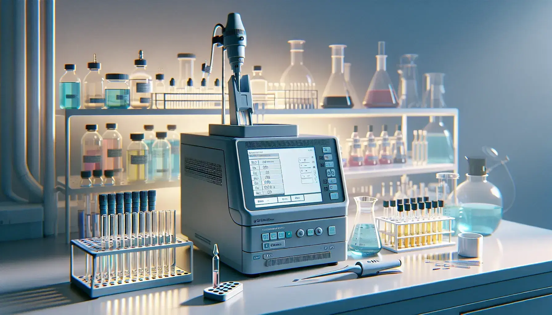 Laboratorio de bioquímica clínica con espectrofotómetro moderno apagado, pipeta automática y tubos de ensayo con líquidos de varios colores.